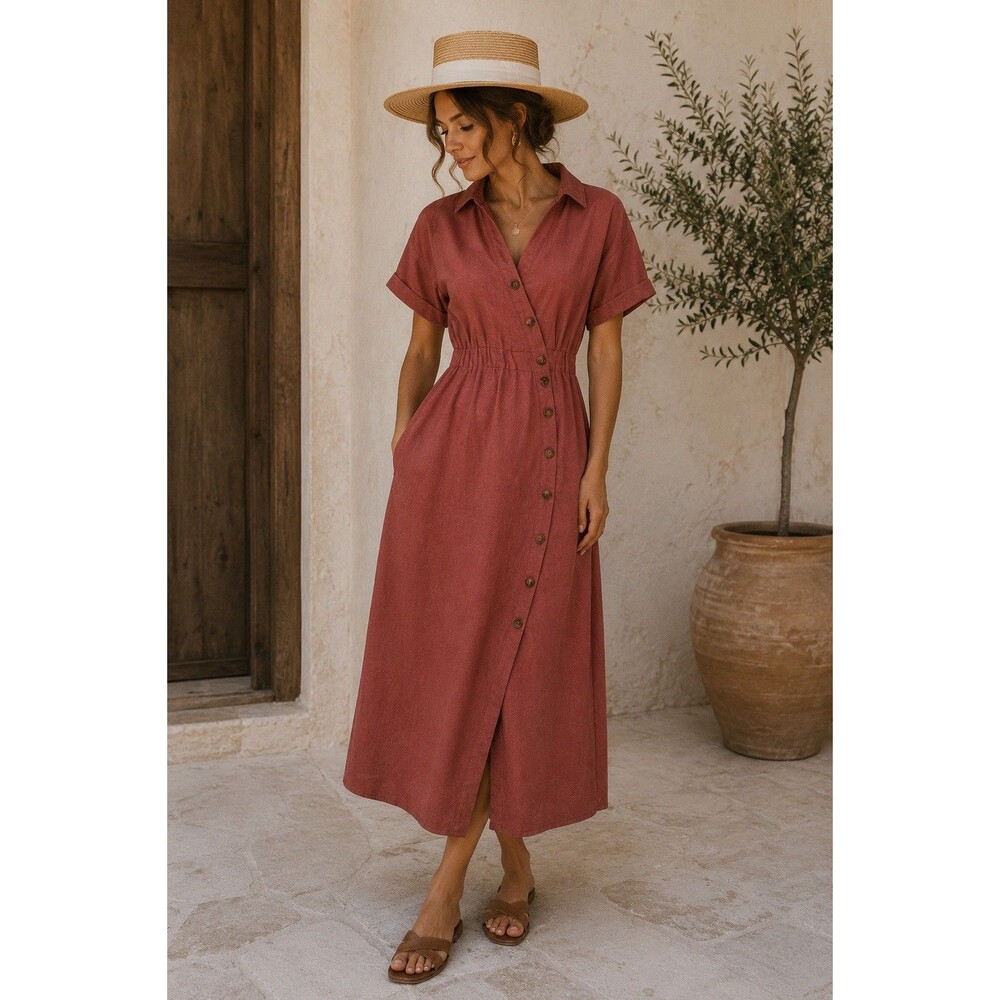 Roolee Women’s Linen Cotton Shirt Dress L Rust Terracotta Long Button Front